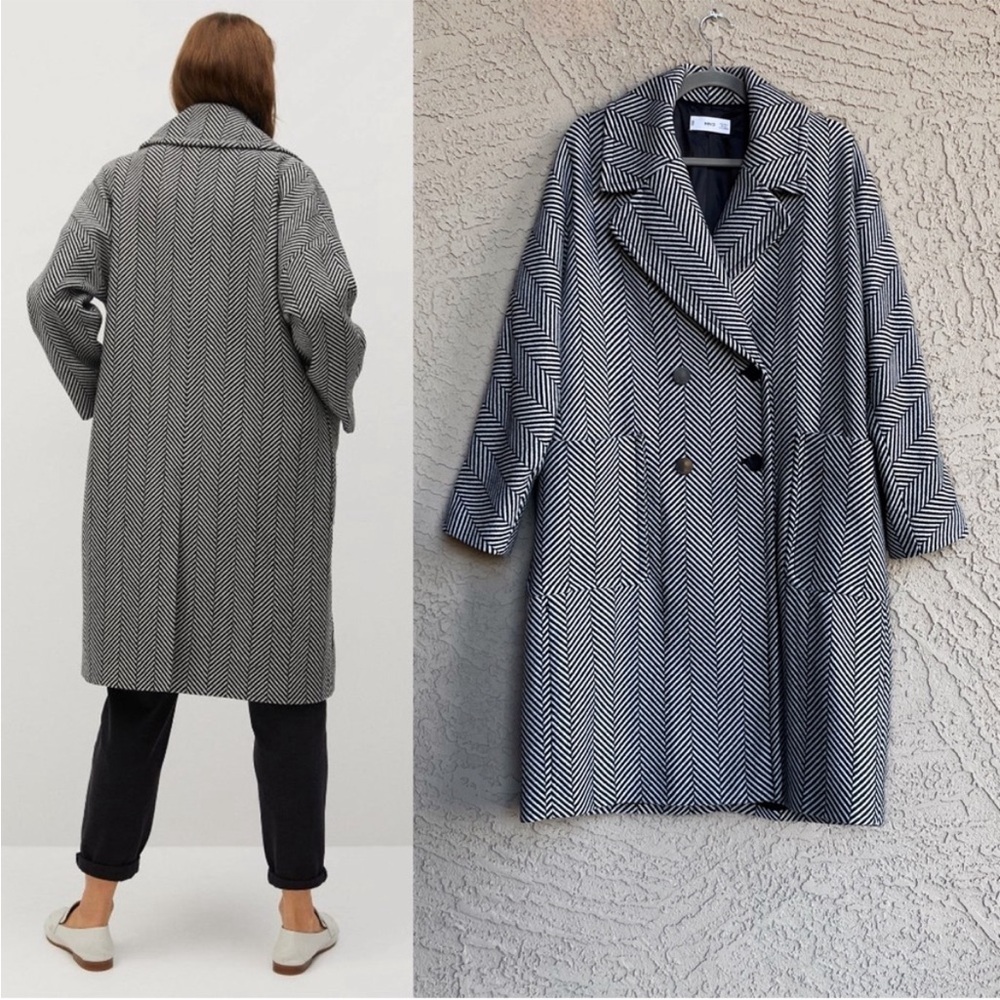 MANGO Black & White Herringbone Cross Oversized Double Breasted Wool Blend Coat - Picture 4 of 13
